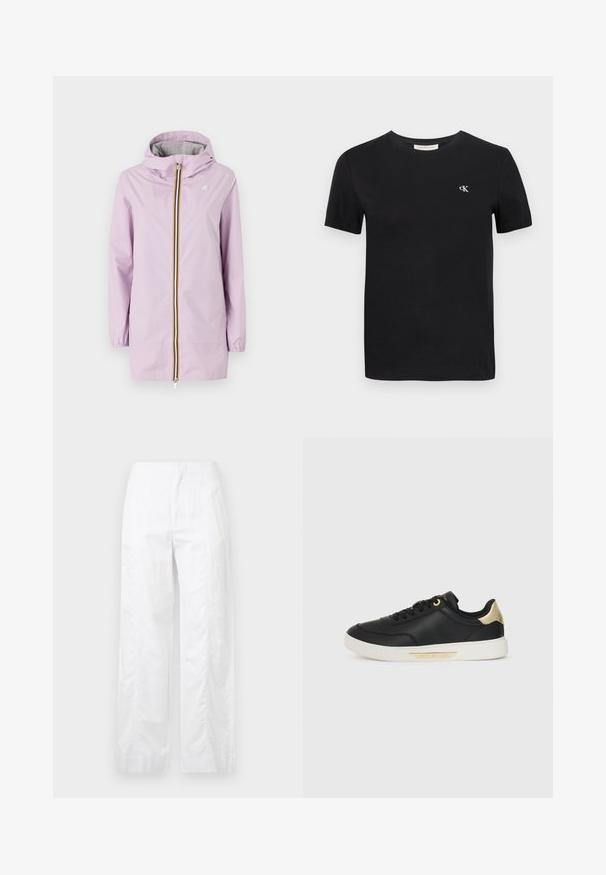 Lavender waterproof jacket with a hood, long sleeves, and a front zipper featuring a yellow and black stripe. Logo on the chest.; Black cotton t-shirt with a classic crew neck, short sleeves, and a small white embroidered "ck" logo on the chest.; White wide-leg trousers made of lightweight fabric, featuring a smooth texture, clean lines, and a high waist design.; Black leather sneaker with a smooth texture, white rubber sole, gold accents on the heel and eyelets, featuring a logo on the side.
