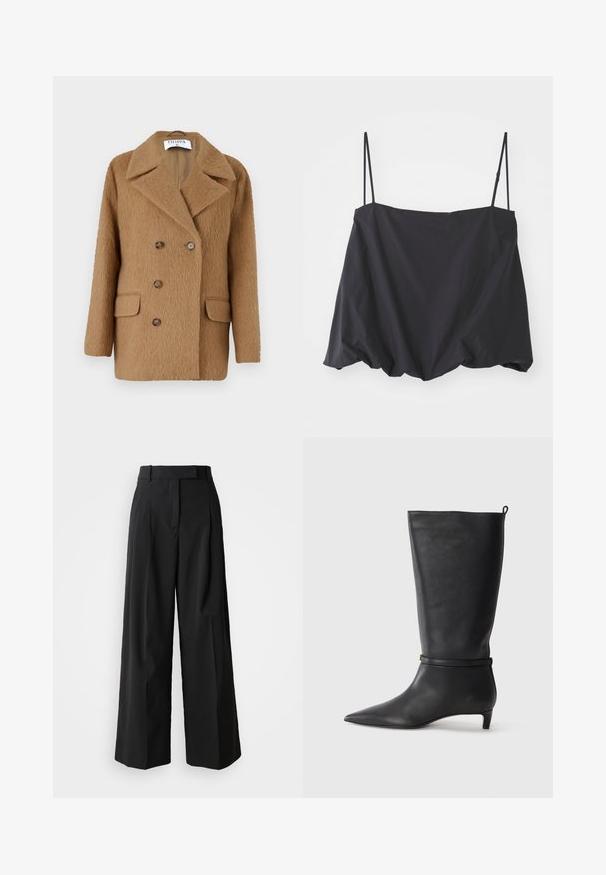 Brązowy, dwurzędowy płaszcz z materiału przypominającego wełnę, z dwoma przednimi kieszeniami i okrągłymi, brązowymi guzikami. Klasyczny kołnierz.; Czarny bezrękawnik z cienkimi ramiączkami, luźny krój i marszczony dół. Wykonany z lekkiego materiału o gładkiej fakturze.; Czarne spodnie o szerokich nogawkach, uszyte z gładkiego materiału, z wysokim stanem, z dwoma plisami z przodu i dopasowanym krojem.; Czarne skórzane kozaki do kolan z ostro zakończonym noskiem, ozdobione okrągłym paskiem wokół kostki oraz niskim, zwężanym obcasem. Gładka tekstura.