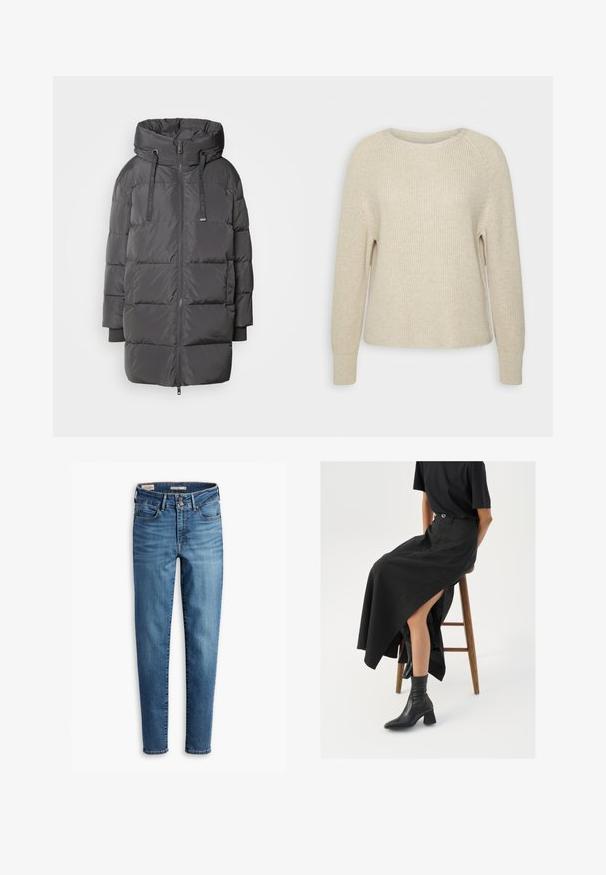 Mos Mosh AVON - Casaco de penas - maget; Suéter de malha rosa claro com decote redondo, mangas raglan e punhos canelados. A textura é suave, com um corte relaxado e detalhes mínimos.; Jeans skinny de cintura alta em denim azul claro. Possui cinco bolsos, fecho frontal com botão e detalhe de costura clássica por todo o lado.; Saia maxi de linho preta com uma fenda alta, usada com uma t-shirt preta e botas cano curto pretas. Design minimalista com um corte descontraído.