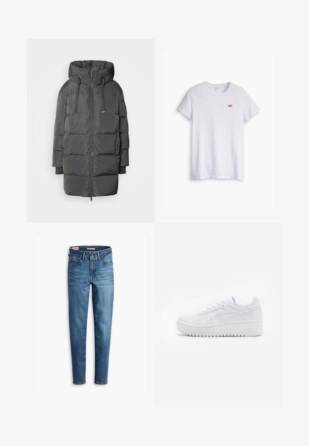 Mos Mosh AVON - Dunjakker - maget; Hvid bomulds t-shirt med korte ærmer og rund halsudskæring. Har et lille rødt Levi's-logo på venstre brystområde.; Højtaljede, skinny jeans i lyseblå denim. Har fem lommer, frontknaplukning og klassiske syninger overalt.; Hvide platform sneakers med en glat læderoverflade, perforerede detaljer og flade snørebånd; har en tyk hvid gummisål.