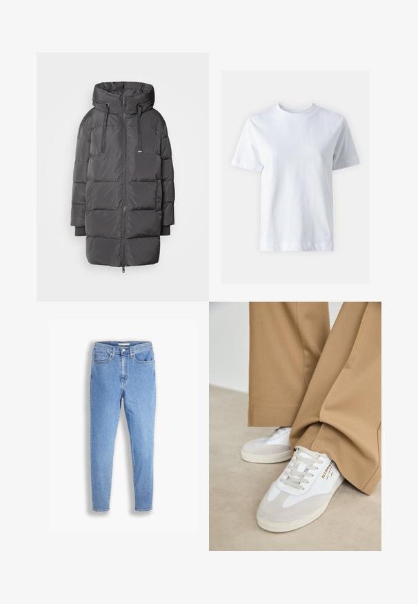 Mos Mosh AVON - Dunjakker - maget; Hvid bomulds t-shirt med rund halsudskæring, korte ærmer, lige snit og glat tekstur. Ingen mønstre eller dekorationer.; Lyseblå high-waist slim-fit jeans med for- og baglommer, knaplukning og bæltestropper på en hvid baggrund.; Hvide sneakers med ruskinddetaljer, strukturerede snørebånd og gummisål. Kombineret med løse, brune bukser. Logoet er vist på siden.