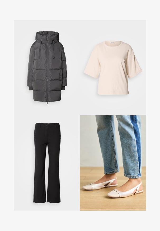 Mos Mosh AVON - Jakna ispunjena paperjem - maget; Svijetlosmeđa majica kratkih rukava, izrađena od mekog pamuka. Ima okrugli izrez i široki kroj s zaljfanim rukavima. Minimalistički dizajn.; Crne hlače od pamučne mješavine ravnog kroja, s prednjim kopčanjem na gumb i dva bočna džepa. Glatka tekstura, bez vidljivih uzoraka.; Svijetlo ružičaste slingback balerinke s šiljastim vrhom, izrađene od glatkog materijala nalik koži. Sadrže izrezane detalje sa strane i ravnu petu.