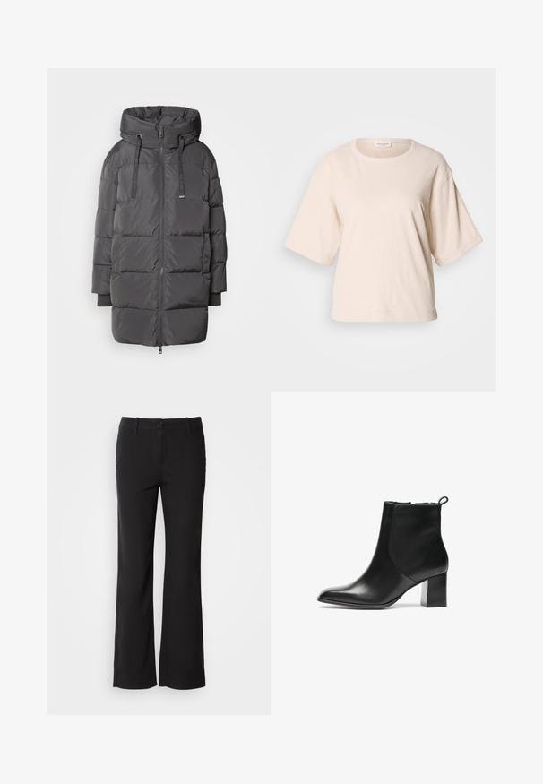 Mos Mosh AVON - Down jacket - maget; Light beige short-sleeve t-shirt, made of soft cotton. Features a round neckline and loose fit with rolled cuffs. Minimalist design.; Black cotton blend trousers with a straight-leg design, front button closure, and two side pockets. Smooth texture, no visible patterns.; Black leather ankle boot with a rounded toe, a mid-height block heel, and a pull tab at the back. Smooth texture, minimal design.