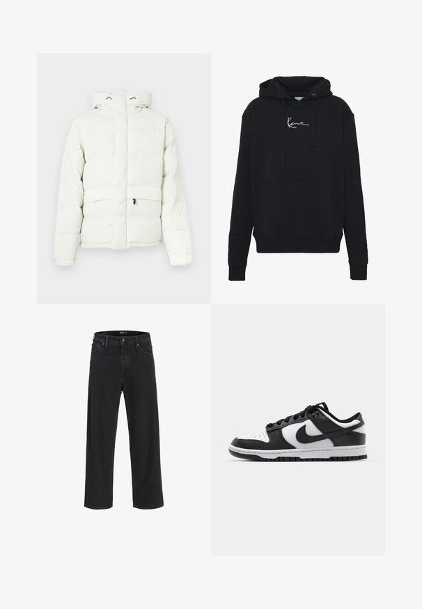 Witte pufferjack met capuchon, heeft een ritssluiting, gewatteerd ontwerp, twee voorzakken en subtiele branding op de borst.; Zwarte hoodie van zachte stof, met een voorzak, koorden en witte logo borduring op de borst. Klassieke pasvorm en geribde manchetten.; Zwarte denim wide-leg jeans met een hoge taille, met voorzakken, een ritssluiting en een knoopsluiting. Soepele textuur en klassiek ontwerp.; Zwart-witte Nike Dunk sneakers met een leren bovenwerk, geperforeerde neus, zwarte veters en een zwarte rubberen zool met profiel.