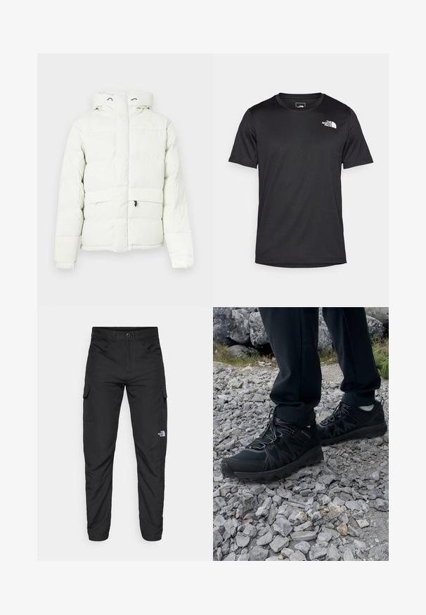 Witte pufferjack met capuchon, heeft een ritssluiting, gewatteerd ontwerp, twee voorzakken en subtiele branding op de borst.; Zwarte T-shirt met korte mouwen van gestructureerde stof, voorzien van een klein wit logo op de bovenste linkerborst, rond de hals.; The North Face HORIZON PANT - Outdoorbroeken - black; Zwarte buitenschoenen van mesh en synthetisch materiaal, met een gestructureerd bovenwerk, een beveiligd vetersysteem en een robuuste zool, op een ruig terrein.