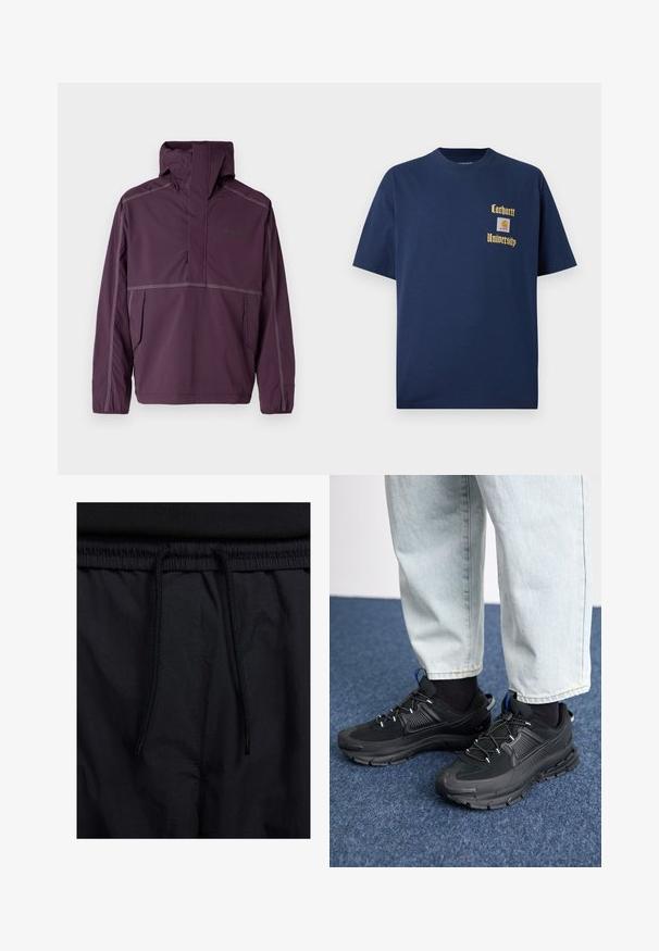 Dickies GLACIER VIEW ANORAK - Lengva striukė - plum perfect; Tamsiai mėlyna medvilninė marškinėliai trumpomis rankovėmis, su auksiniu tekstu "Carhartt University" ir logotipo siuviniu kairėje krūtinės pusėje.; Juodos šortai su raišteliu juosmens srityje, lengva medžiaga su lygiu paviršiumi ir paprastas dizainas be matomų logotipų ar raštų.; Juodi sportiniai bateliai su tekstūruota medžiaga ir guminiais padais, su elastingomis raišteliais ir mėlynu akcentu ant kulno. Dėvimi su šviesiai mėlynomis džinsinėmis kelnėmis.