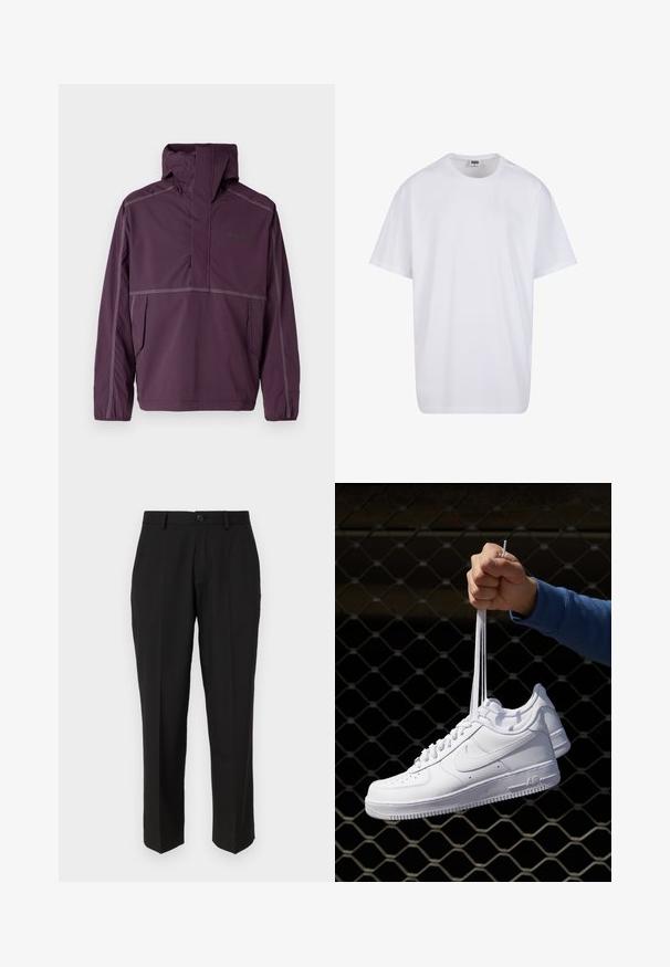 Dickies GLACIER VIEW ANORAK - Könnyű dzseki - plum perfect; Fehér pamut póló rövid ujjal, kerek nyakú, laza szabású, és nincsenek látható logók vagy minták. Simább textúra és minimalista dizájn.; Fekete nadrág sima anyagból, egyenes lábformával, elülső zsebekkel, egygombos záródással és látható minták nélkül.; Fehér bőr sportcipők perforációval, kerek orral, lapos talppal és vastag fűzőkkel, látható swoosh logóval és "AIR" felirattal a sarokrészen.