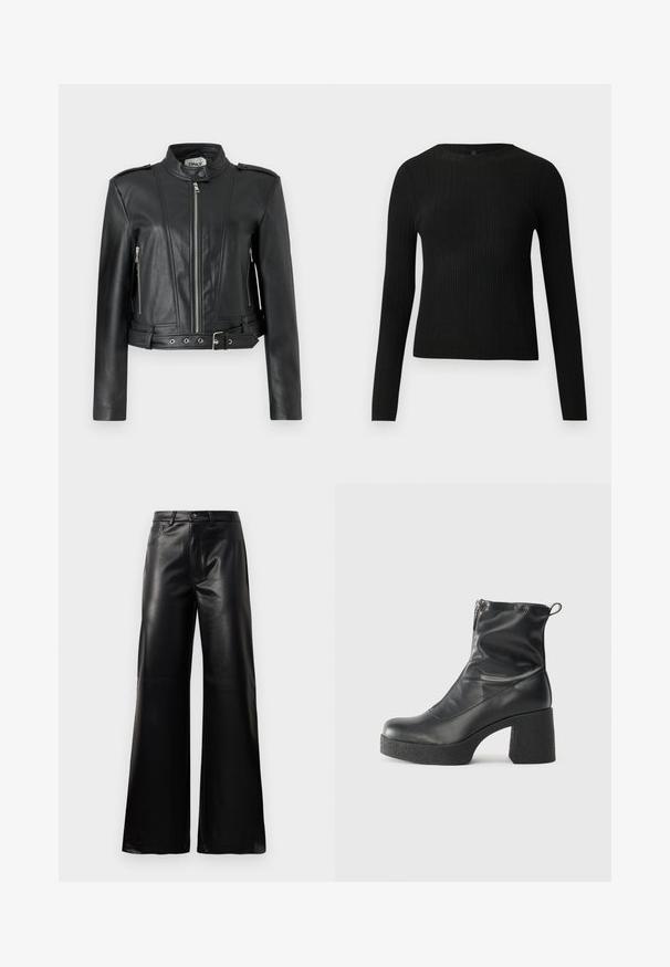 Veste en cuir noir au design court, dotée d'une fermeture éclair sur le devant, de poches zippées sur les côtés, d'épaulettes et d'un détail à la taille ceinturé.; Pull ajusté noir à manches longues et côtelé avec un col rond, présenté sur un fond clair uni.; Pantalons larges en faux cuir noire taille haute avec bouton avant, fermeture éclair, passants de ceinture et poches latérales sur fond blanc.; Bottes noires à la cheville en cuir lisse, dotées d'une fermeture éclair sur le côté, d'un talon épais texturé et d'une conception à bout rond.