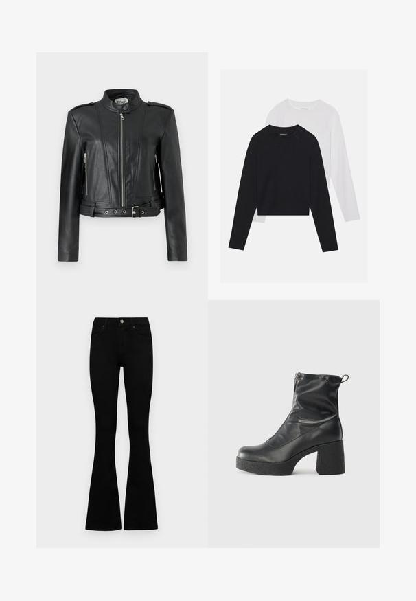 Jaqueta de couro preta com um design curto, apresentando um fecho de correr frontal, bolsos laterais com fecho de correr, epaulettes nos ombros e um detalhe de cintura com cinto.; Duas camisas de manga longa: uma preta e uma branca. Ambas apresentam um decote redondo, mangas raglan e um tecido macio em mistura de algodão.; Jeans pretos de cintura alta com fecho de botão e zíper, bolsos frontais e pernas largas dispostos em cima de um fundo branco.; Botas de tornozelo pretas feitas de couro liso, com fecho lateral, salto grosso texturizado e design de bico arredondado.
