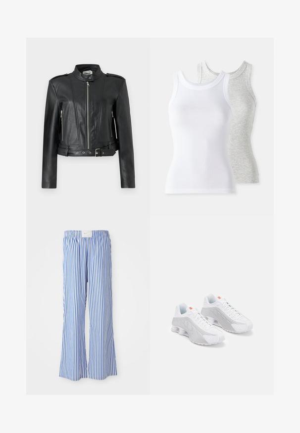 Veste en cuir noir au design court, dotée d'une fermeture éclair sur le devant, de poches zippées sur les côtés, d'épaulettes et d'un détail à la taille ceinturé.; Deux débardeurs sans manches : un blanc en texture côtelée et un gris clair avec un motif chiné subtil. Les deux ont un col rond.; Pantalons rayés bleus et blancs avec une coupe décontractée, fabriqués en tissu léger, dotés d'une taille élastique et d'une discrète étiquette de logo.; Chaussures de course blanches avec des accents gris, dotées d'un dessus texturé, de perforations pour la ventilation et d'un talon segmenté pour l'amortissement.