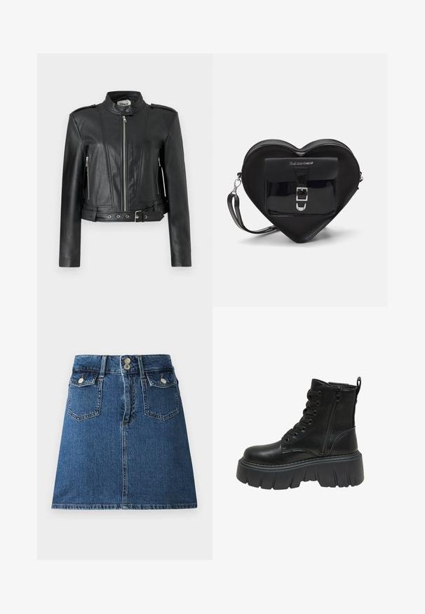 Must mustnahkjakken lühikese disainiga, millel on ette tõmmatav lukku, külgedel lukuga taskud, õlavarre epauletid ja vöödetaoline detail taljes.; Must ülikergete lühikeste varrukatega must T-särk, millel on leopardimustriga ruut, mille sees on punased kirsiid ja "CHERRIES" tekst paksude punaste tähtedega. Sile puuvillane kangas.; Sügavsinine teksaseelik, millel on sobiv vöökoht, kaks esikotti, kaks tagakotti ja hõbedatooni nööbid.; Must musta pritsiga nahast ankle saapad, paksu tallaga, mis on varustatud lukkude ja küljetõmblustega, et neid oleks lihtne jalga panna. Tekstuuriga detailid tallal.; Mustast südamekujulise kotiga, mis on valmistatud lakitud nahast. Ees on tasku, millel on klambri sulgemine ja eemaldatav rihm. Hõbedased detailid.