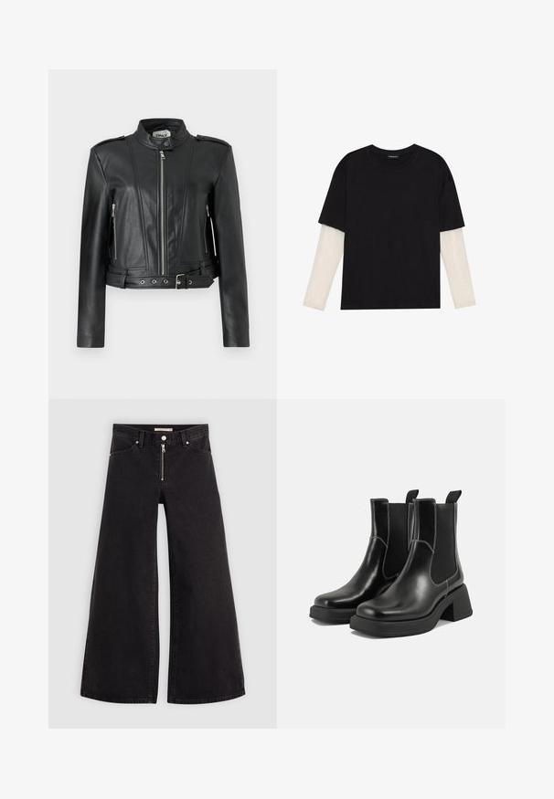 Sort læderjakke med en cropped design, der har lynlåslukning fortil, sidelommer med lynlås, skulderepauleter og en bælte detail i taljen.; Sort T-shirt lavet af bomuld, med korte ærmer over et hvidt langærmet lag med et subtilt tekstureret mønster. Design med rund hals.; Vide ben jeans i sort denim med lynlås foran, fem lomme-design og subtile stikninger. Glat tekstur og afslappet stil.; Sorte læder Chelsea-støvler med en kraftig hæl, elastiske sidepaneler og kontrastfarvet hvid syning. Tekstureret overflade.