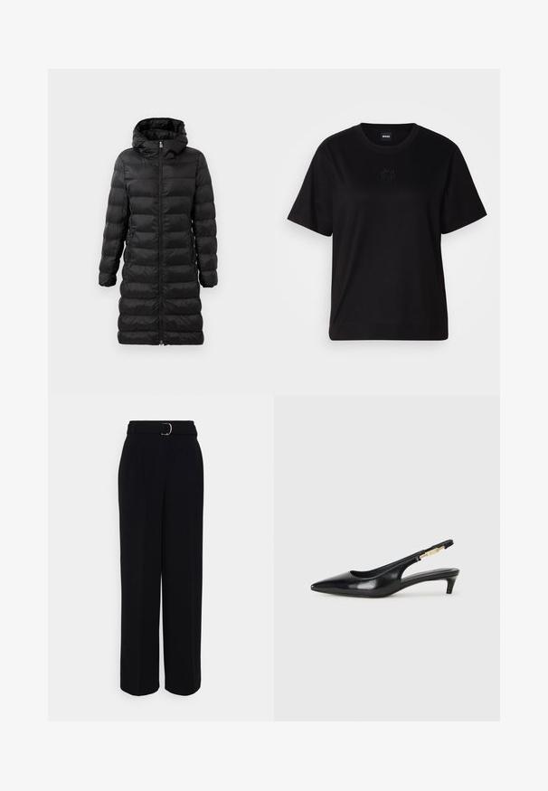 Černý péřový kabát, do kolen, s kapucí, s vodorovně prošívaným vzorem, předním zipem a bočními kapsami.; Černé bavlněné tričko s kulatým výstřihem, krátkými rukávy a vyšitým logem na hrudi. Jednoduchý, volný střih bez vzorů.; Černé kalhoty na míru s širokým střihem, s páskem se stříbrnou sponou, s plisováním a hladkou texturou látky.; Černé kožené boty na podpatku s otevřenou patou a špičatou špičkou, s tenkým podpatkem a zlatým akcentem na nastavitelném pásku. Hladký povrch.