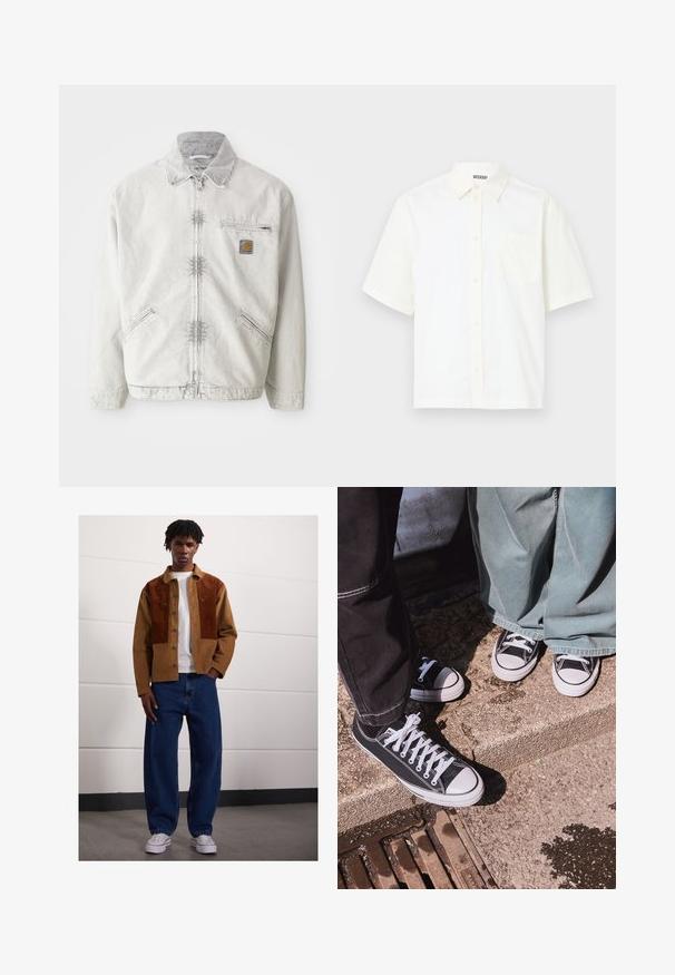 Light gray denim jacket with a zip front, corduroy collar, two front pockets, and a chest pocket with a logo patch. Soft, textured fabric.; Short-sleeve, button-up shirt in off-white cotton. Features a collar and a left chest pocket with a simple design and soft texture.; Long-sleeve crewneck sweatshirt in dark gray, made of soft cotton blend. Features ribbed cuffs and neckline with a smooth, slightly textured finish.; Man standing indoors wearing a brown corduroy jacket with rust patches, white t-shirt, loose blue jeans, and white sneakers.; Black canvas low-top sneakers with white rubber toe caps and laces, paired with wide green denim pants, on a textured stone surface.