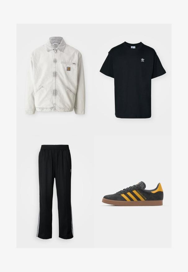 Lys grå denimjakke med lynlås foran, corduroy-krave, to forreste lommer og en brystlomme med et logo-patch. Blødt, tekstureret stof.; Sorte bomulds T-shirt med rund hals og korte ærmer, prydet med et lille hvidt Adidas-logo på venstre brystområde.; Sorte træningsbukser med elastisk talje, der har hvide sidestænger og et lille logo. Materialet ser blødt og let ud.; Sort suedet sneaker med gule accenter, der har tre striber og en brun gummisål. Inkluderer en polstret tunge for komfort.