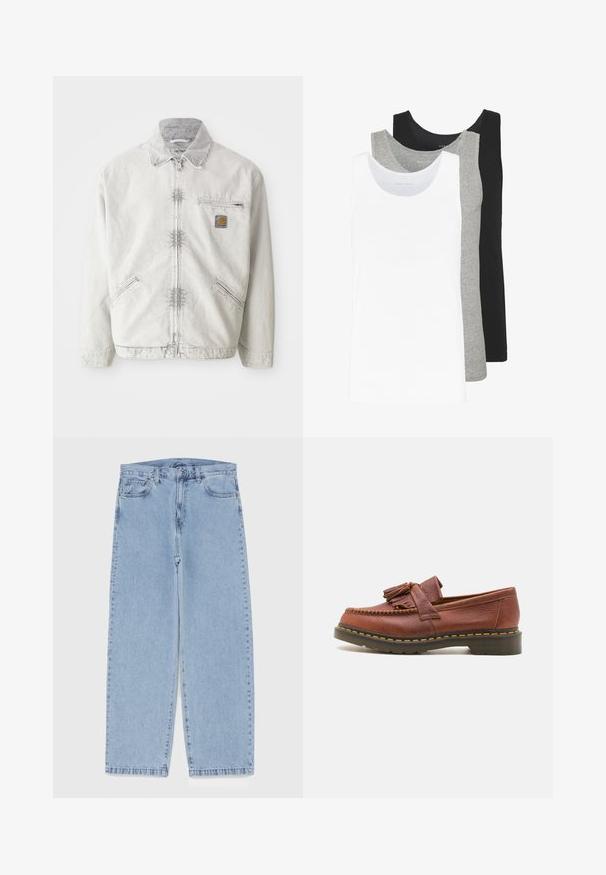 Svetle šedá džínová bunda se zapínáním na zip, kordovou šálou, dvěma předními kapsami a náprsní kapsou s logem. Měkká, texturovaná látka.; Tři tílka v bílé, šedé a černé barvě. Každé má klasický bezrukávový design, je vyrobeno z lehkého bavlněného materiálu s žebrovanou texturou.; Světle modré džíny s rovnými nohavicemi, středním pasem, pěti kapsami a zapínáním na knoflík a zip.; Hnědá kožená mokasína s třásňovými akcenty, texturovaným povrchem a kontrastním žlutým prošíváním podél černé gumové podrážky. Boční pohled.