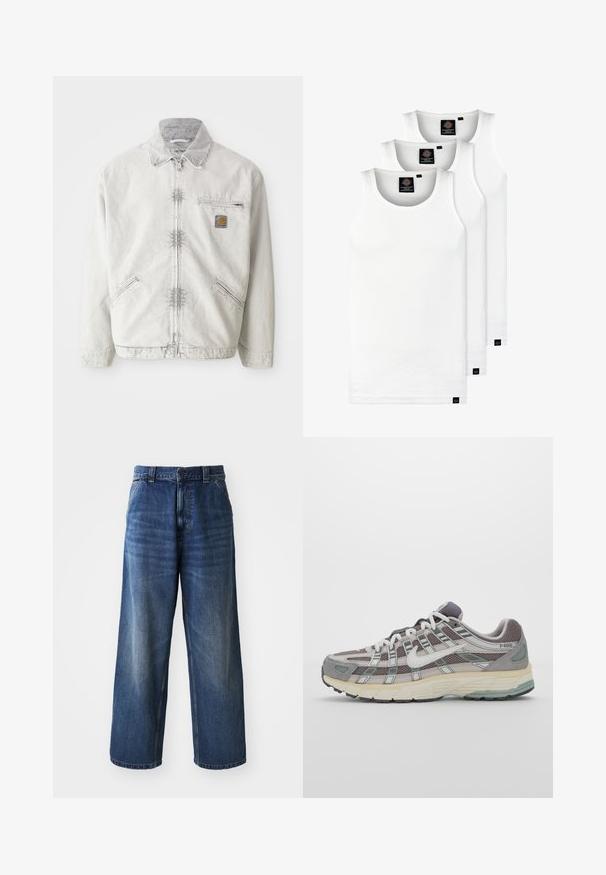 Giacca di jeans grigia chiara con zip frontale, colletto in corduroy, due tasche anteriori e una tasca sul petto con una patch del logo. Tessuto morbido e testurizzato.; Tre canotte bianche a coste in cotone. Presentano un colletto rotondo e piccole etichette nere vicino all'orlo. Disponibile in diverse taglie.; Jeans in denim blu a vita alta con design a gamba larga, caratterizzati da una leggera scoloritura, tasche frontali e chiusura con bottone in vita.; Scarpa sportiva grigia con tomaia in mesh e suede, dettagli bianchi, suola ammortizzata e un design distintivo con elementi riflettenti.