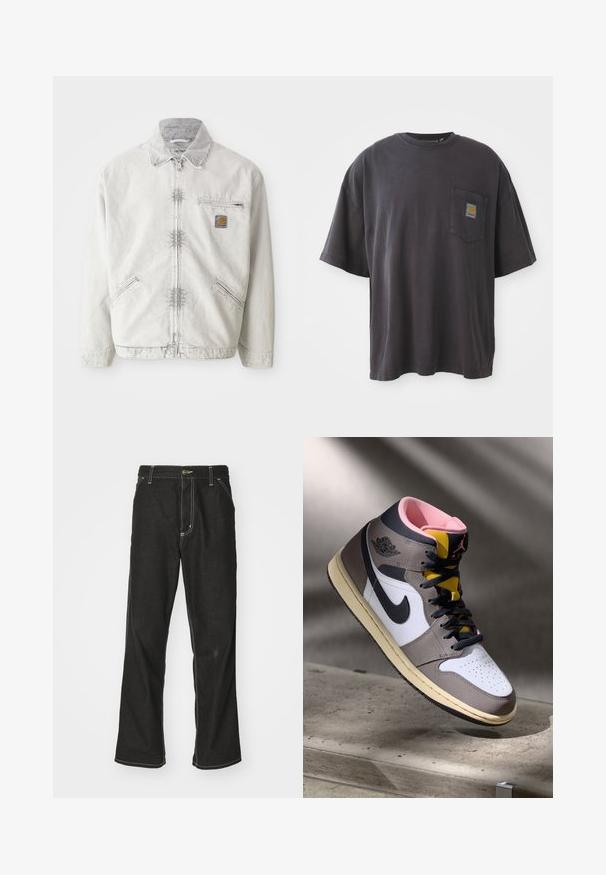 Ljust grå denimjacka med dragkedja fram, kordflöjtkrage, två framfickor och en bröstficka med en logotypapplikation. Mjuk, strukturerad tyg.; Svart bomullströja med korta ärmar, rund halsringning och en vänster bröstficka med en fyrkantig logotypklistermärke. Enkel och avskalad design.; Svarta denimjeans med en lös passform, med kontrasterande vita sömmar, knäppning och raka ben.; Höga Nike Air Jordan-sneakers i vitt, grått och svart med rosa inredning och gul tunga, placerade på en betongyta.