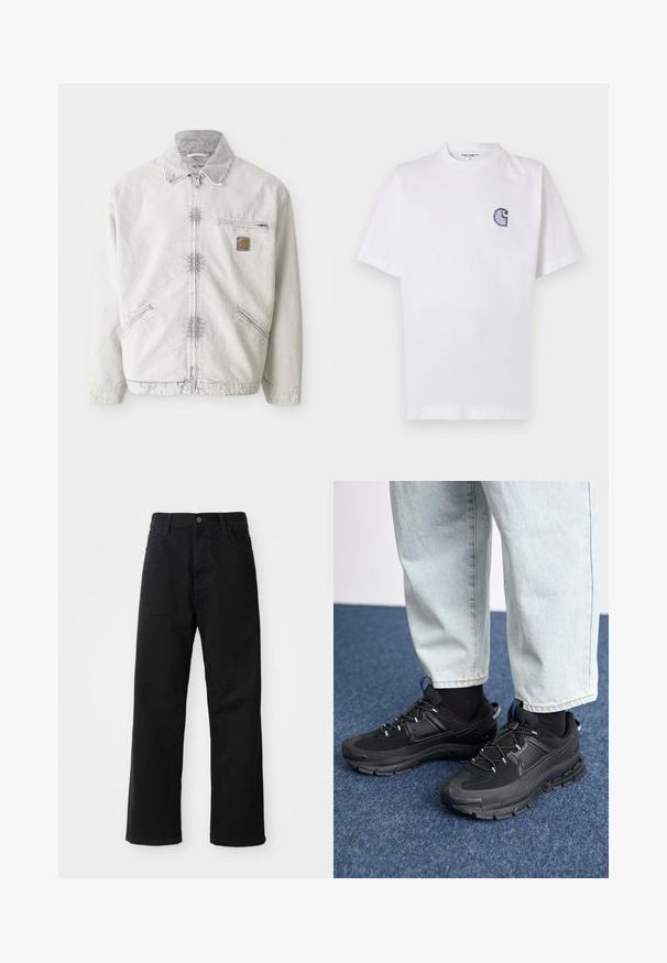 Jachetă din denim gri deschis cu fermoar în față, guler din catifea, două buzunare frontale și un buzunar pe piept cu un patch logo. Material moale, texturat.; Tricou alb din bumbac, cu mâneci scurte, guler rotund și un mic logo brodat albastru "C" pe partea stângă a pieptului.; Pantaloni din denim negri cu croi drept, având buzunare frontale, fermoar și un singur buton la partea superioară. Țesătură texturată cu un finisaj mat.; Pantofi sport negri, cu țesătură texturată și tălpi din cauciuc, având șireturi elastice și un accent albastru pe toc. Purtați cu pantaloni din denim deschis.