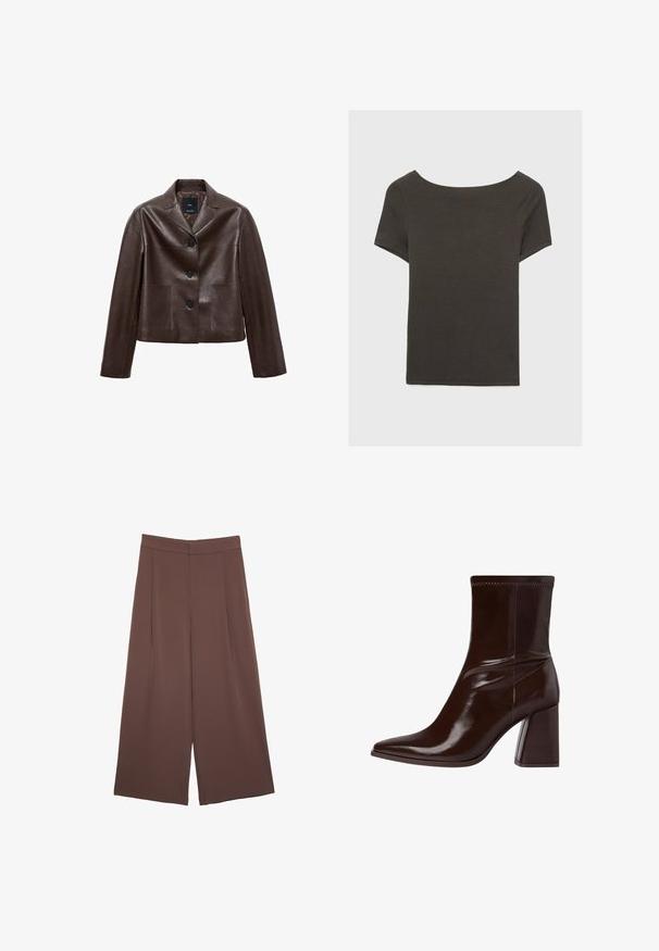 Braune Leder-Cropped-Jacke mit Spitzkragen, drei Knöpfen und zwei vorderen Taschen. Glatte Textur mit strukturierter Form.; Dunkelgraues Kurzarmoberteil mit Bootsausschnitt. Hergestellt aus geripptem Stoff, mit lockerer Passform und sauberem Saum. Einfaches Design, ohne Muster.; Braune Weite-Leg-Hosen mit einer glatten Textur, hoher Taille und Vorderfalten. Der Stoff ist leicht und fällt locker.; Braune Lackleder-Stiefelette mit spitzem Zehenbereich, elastischem Knöchel und blockartigem Absatz. Elegantes Design mit glatter Textur.