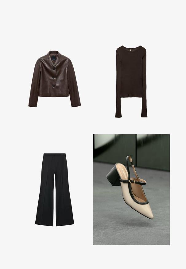 Veste courte en cuir marron avec un col cranté, trois boutons et deux poches avant. Texture lisse avec une forme structurée.; Haut ajusté à manches longues en tissu marron foncé. Encolure ronde, texture lisse et manches légèrement allongées sans poignets.; Pantalons larges noirs avec une texture lisse, présentant des plis sur le devant et un design ajusté. Le tissu est léger et fluide.; Escarpin beige à bout pointu et bride arrière, avec des finitions noires, une boucle dorée et un talon bloc épais, posé sur un sol gris avec un fond vert foncé.