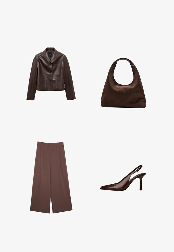 Brun läderkort jacka med slagkrage, tre knappar och två framfickor. Slät textur med en strukturerad form.; Brun kortärmad t-shirt i mjukt tyg, med rund halsringning och en avslappnad passform. Slät yta utan mönster eller detaljer.; Bruna vida byxor med en slät textur, som har hög midja och framfickor. Tyget är lätt och flödar löst.; Brun läder slingback-pump med spetsig tå och tunn klack. Har en liten accentspänne på remmen och en glänsande yta.; Mjuk brun hobo-väskastil med ett brett axelband och en rundad öppning upptill, visad på en vit bakgrund.