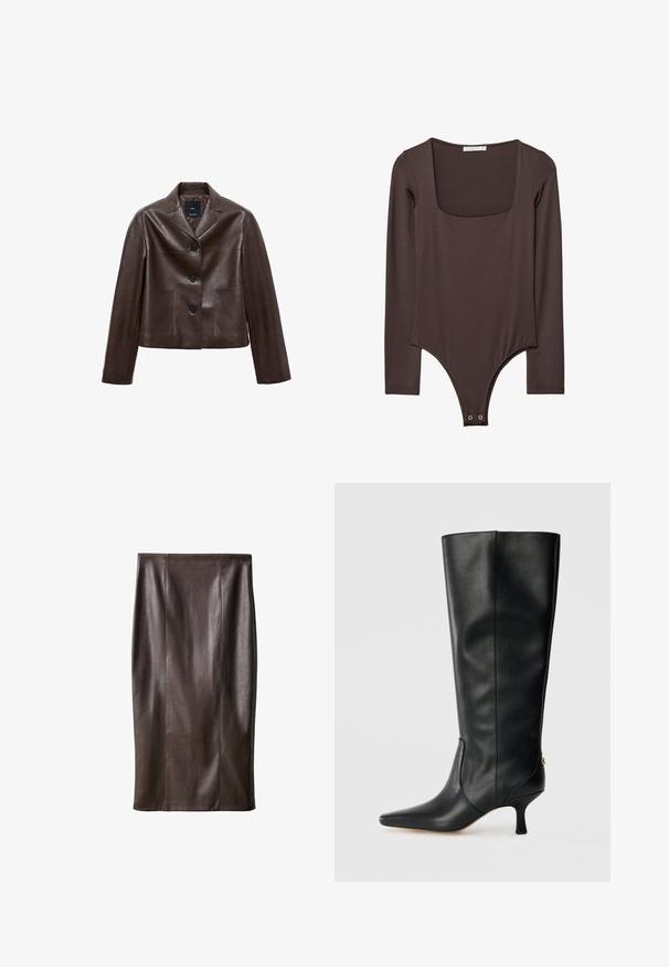 Smeđa kožna skraćena jakna s resastim ovratnikom, tri dugmeta i dva prednja džepa. Glatka tekstura s strukturiranim krojem.; Smeđi bodi dugih rukava s kvadratnim izrezom i kopčama na preponama, izrađen od glatkog, rastezljivog materijala.; Smeđa kožna suknja olovka glatke teksture, do koljena, s vertikalnim šavovima za dizajn. Bez dodatnih elemenata ili ukrasa.; Crne čizme od kože do koljena s oštrim vrhom, elegantnim dizajnom i suženim potpeticama od 3 inča. Imaju zlatni detalj na stražnjoj strani.