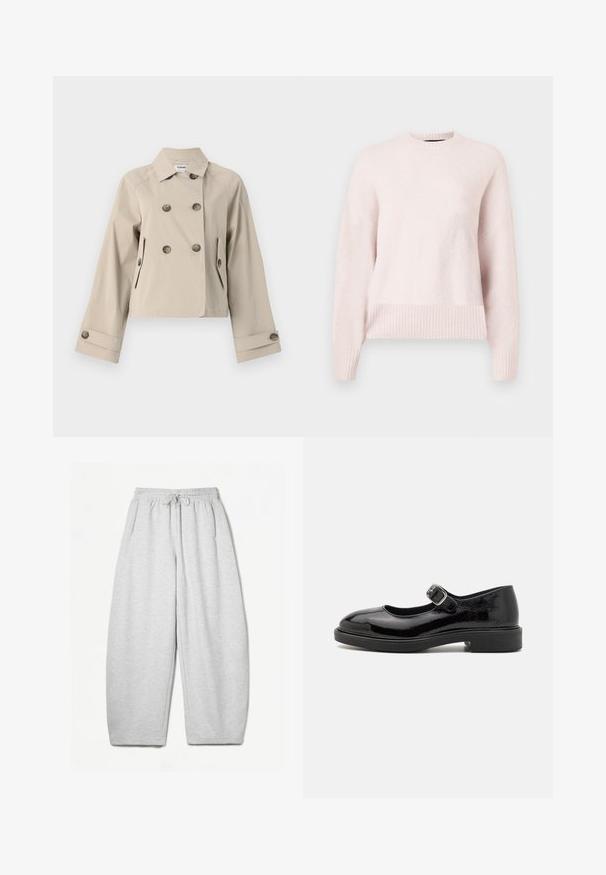 Bežna skrajšana jakna z dvojno zapenjanjem, velikimi gumbi, dvema sprednjima žepoma in strukturiranim ovratnikom. Gladek material z mat površino.; Svetlo roza pulover z okroglo ovratnico in rebrastimi manšetami. Tkanina izgleda mehko in udobno, primerno za vsakodnevno nošenje.; Svijetlo sivi duksericasti donji dio s opuštenim krojem, elastičnim pojasom, vezicama i bočnim džepovima; izrađen od mekanog, teksturiranog materijala.; Črne lakaste Mary Jane čevlje s okroglo konico, nastavljivim paščkom, nizko blokasto peto in gladko sijajno površino.