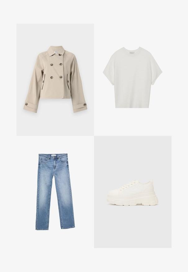 Beige lyhyttakki, jossa on kaksinkertainen nappitus, suuret napit, kaksi etutaskua ja muotoiltu kaulus. Sileä kangas, jossa on mattapinta.; Valkoinen lyhythihainen t-paita, jossa on leveä pyöreä kaula-aukko ja teksturoitu ribbikuvio, valmistettu pehmeästä kankaasta, rento malli ja siisti muotoilu.; Suorat siniset farkut, joissa on haalistunut pesu, viisi taskua ja klassinen nappisulku. Puuvillamateriaali, jossa on näkyvää ompelua.; Valkoinen kangaskenkä paksulla pohjalla, pyöreällä kärjellä ja viidellä nauhakuutiolla. Takareunan vipu helpottaa pukemista. Sileä pinta, minimalistinen muotoilu.