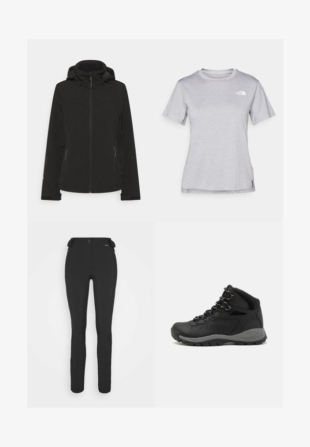 Svart softshell-jakke med glidelås foran, justerbar hette, sidelommer og elastiske mansjetter. Glatt tekstur med en tettsittende design.; Grå kortermet t-skjorte laget av myk, fukttransporterende stoff. Har en rund hals og en liten hvit logo på øvre venstre side.; Svart, tettsittende bukser laget av et fleksibelt materiale. Funksjoner inkluderer en glidelåslukket sidelomme, artikulerte knær og en glatt tekstur.; Sorte turstøvler med mid-topp design, som har en teksturert overdel, grå detaljer og slitesterk gummisåle med godt grep.