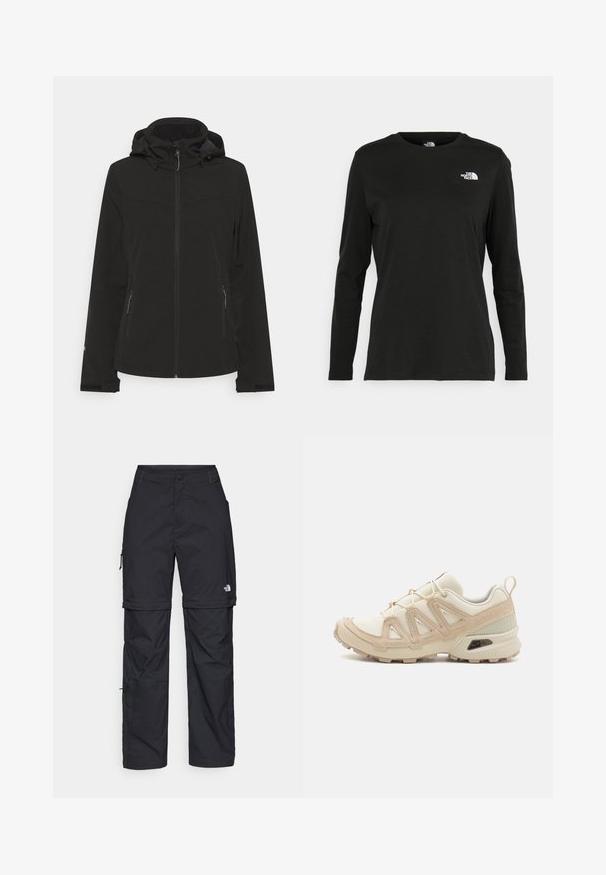 Melnā mīkstā apvalka jaka ar rāvējslēdzēju priekšā, regulējamu kapuci, sānu kabatām un elastīgām aprocēm. Gluda tekstūra ar piegulīgu dizainu.; Melnas garām piedurknēm T-krekls, izgatavots no kokvilnas ar apaļu kaklu. Tam ir mazs balts logo kreisajā krūtīs. Vienkāršs dizains un piegulums.; Melni nailona bikses ar noņemamām kājām, regulējamiem uzmavām, vairākām kabatām un logotipu uz labās kājas. Gluda, viegla tekstūra.; Beige un krēma sporta apavi ar strukturētu tīkla virsmu, atbalstošajiem slāņiem un gumijas zoli ar protektoru rakstu, kas nodrošina saķeri.