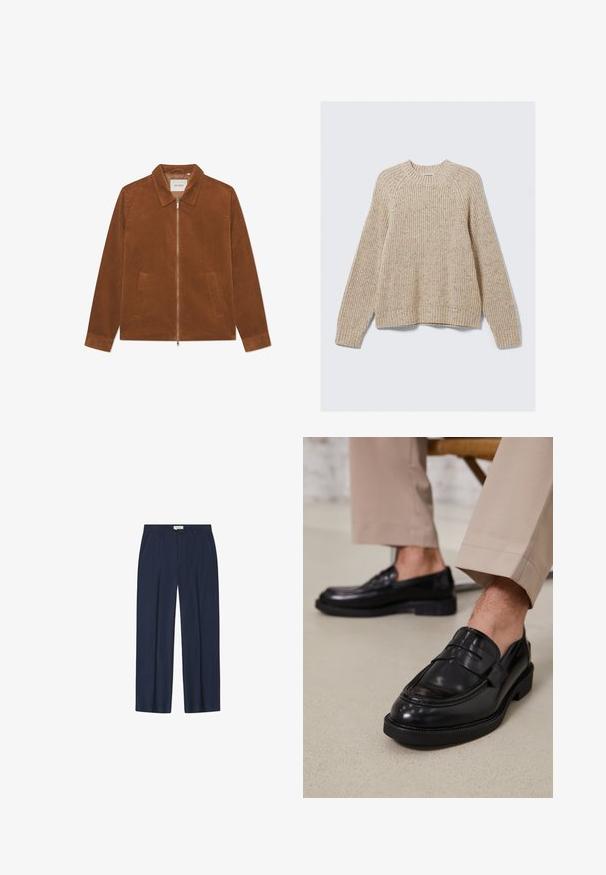 Casaco de veludo cotelê castanho com fecho de zíper, gola e dois bolsos frontais. Apresenta textura canelada e mangas longas.; Sweater bege canelado com decote redondo e mangas longas. Feito de material texturizado, apresenta um corte descontraído e punhos com elástico.; Calças azul marinho com frente plissada, pernas de corte reto e dois bolsos laterais. Feitas de um tecido suave e leve.; Mocassins de couro preto com acabamento liso, apresentando uma faixa decorativa e costura em contraste, acompanhados de calças bege.