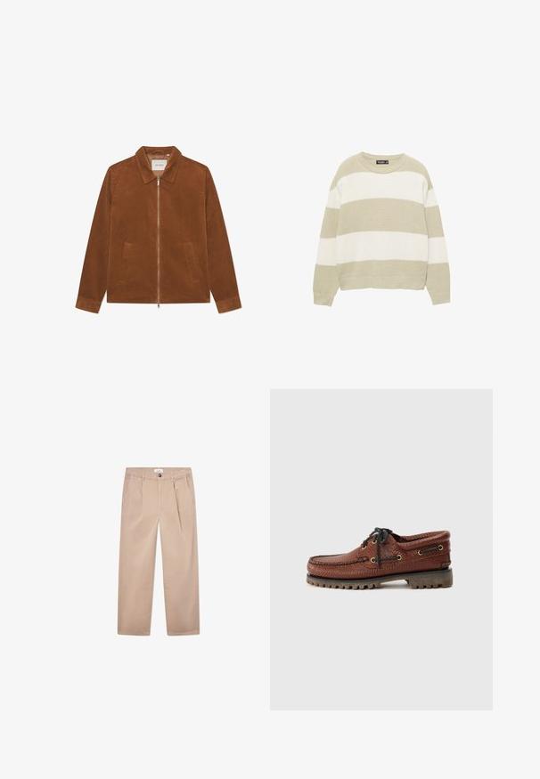 Barna kordbársony dzseki cipzárral, gallérral és két elülső zsebbel. Bordázott textúrával és hosszú ujjakkal rendelkezik.; Világoszöld és fehér csíkos pulóver, bordás textúrájú, kerek nyakkal, eséses vállakkal és laza szabású, csípőig érő hemline-nal.; Khat́i vászon nadrág egyenes fazonban, két elülső zsebbel, gombos záródással és klasszikus szabással.; Barna bőr csónakcipő texturált felsőrésszel, fekete fűzővel és arany fémlyukakkal. Tartós, bordázott gumitalppal rendelkezik.