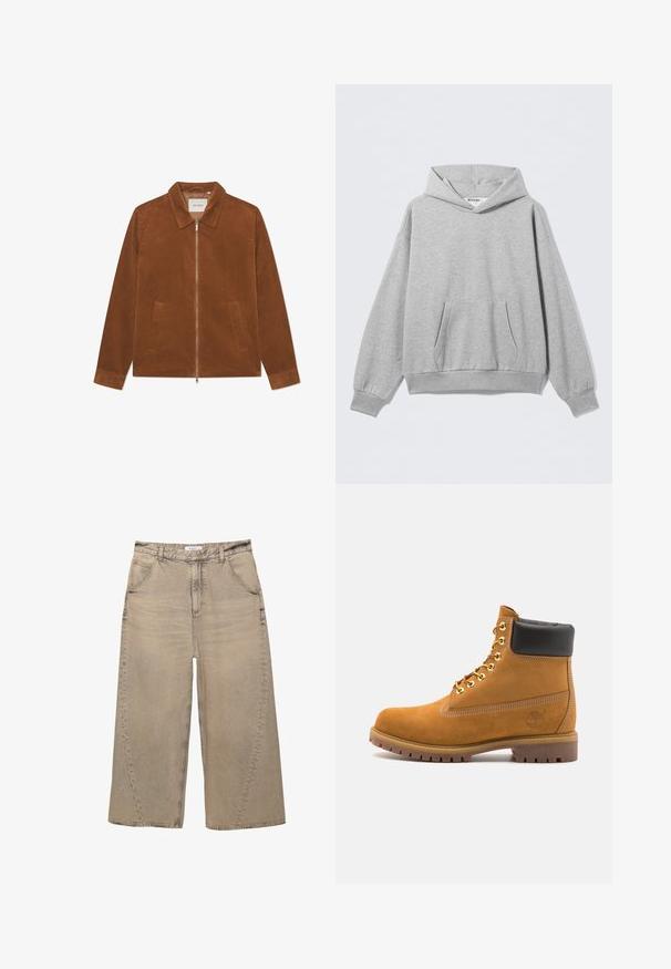 Giacca in corduroy marrone con chiusura a zip, colletto e due tasche frontali. Presenta una texture a coste e maniche lunghe.; Felpa grigia chiara con cappuccio, realizzata in tessuto morbido, con tasca frontale, polsini a costine e una vestibilità comoda con etichetta sul collo.; PULL&BEAR MEGA BAGGY - Jeans baggy - light grey; Stivale alla caviglia in suede tan con collare imbottito nero, occhielli in metallo dorato, dettagli in cucitura bianca e suola in gomma robusta con battistrada pronunciato.