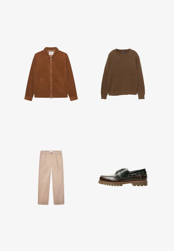 Hnědá kordová bunda se zipovým uzávěrem, límečkem a dvěma předními kapsami. Má nažehlenou texturu a dlouhé rukávy.; Hnědý žebrovaný pletený svetr s kulatým výstřihem a dlouhými rukávy. Má volnější střih a texturovaný povrch.; Khaki kalhoty vyrobené z bavlny s rovnými nohavicemi, obsahující dvě přední kapsy, zapínání na knoflík a klasický střih.; Hnědá a černá kožená loďková obuv se šněrováním, kontrastním prošíváním a texturovanou gumovou podrážkou. Má kovové očky a zaoblenou špičku.
