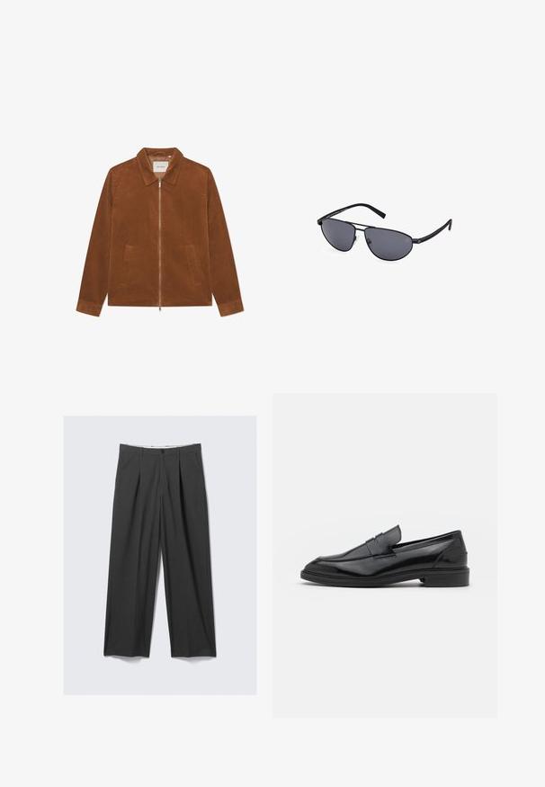 Brown corduroy jacket with a zip closure, collar, and two front pockets. Features ribbed texture and long sleeves.; Black short-sleeve T-shirt made of soft cotton, featuring a round neckline and simple design without patterns or accents.; Gray, wide-leg trousers with pleats. Made from a smooth fabric, featuring a front button closure and belt loops. Flat front design.; Black leather loafers with a smooth finish, featuring a rounded toe and a narrow band across the upper. Low stacked heel.; Black aviator sunglasses with grey lenses, thin metallic frames, curved shape, and silicone nose pads for comfort.