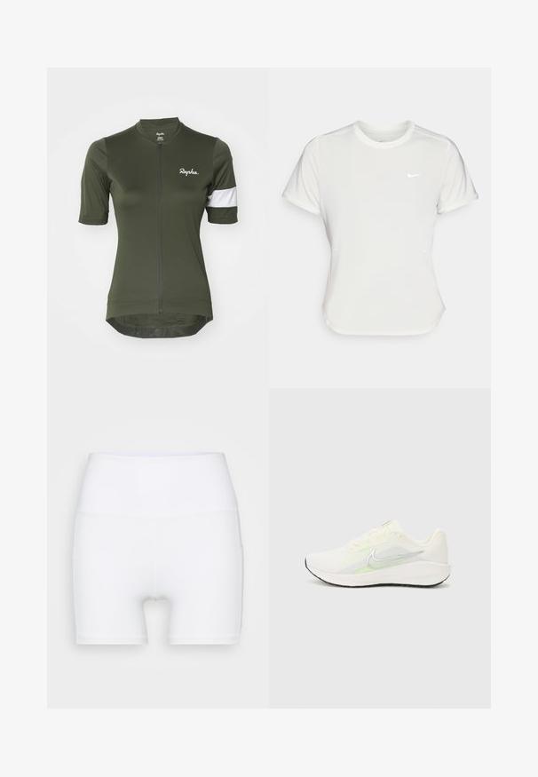 Maillot de cyclisme vert olive à manches courtes, présentant une fermeture éclair sur le devant, un accent rayé blanc sur la manche et un logo sur la poitrine.; T-shirt Nike en blanc, à manches courtes, col rond, fabriqué dans un tissu lisse et léger. Présente un logo discret sur la poitrine.; Shorts blancs taille haute en tissu extensible. Fabriqués avec une texture lisse et un design ajusté, sans motifs ni accessoires supplémentaires.; Nike Performance DOWNSHIFTER 13 - Chaussures de running sur route - sail/silver-coloured photon dust/summit white/barely volt/black