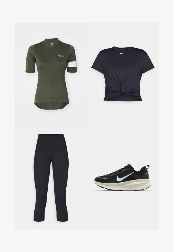 Maillot de cyclisme vert olive à manches courtes, présentant une fermeture éclair sur le devant, un accent rayé blanc sur la manche et un logo sur la poitrine.; T-shirt de sport noir en tissu lisse, avec un design avant noué et un petit logo Nike blanc sur la poitrine.; Leggings noirs coupés en tissu extensible, avec une taille haute et une texture lisse, sans motifs ni éléments visibles.; Baskets de course noir Nike avec tige respirante en mesh, logo swoosh blanc, détails texturés et semelle intermédiaire ZoomX de couleur crème.