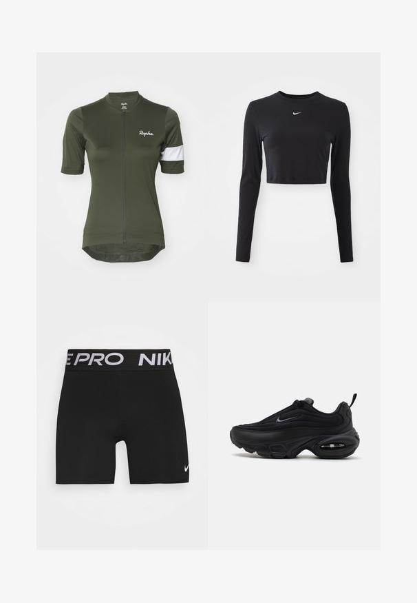 Olijfgroen fietsshirt met korte mouwen, voorzien van een rits aan de voorkant, een witte gestreepte accent op de mouw en een logo op de borst.; Zwarte lange mouwen kort bovenstuk van gladde stof, met een ronde halslijn en een wit Nike-logo op de borst.; Zwarte sportshorts met een brede zwarte tailleband met "NIKE PRO" in witte letters. Bevat een klein wit Nike Swoosh-logo op het been.; Zwarte sportieve schoen met een gladde, gestructureerde bovenzijde. Beschikt over een ronde neus, een gevoerde kraag en zichtbare luchtkussens in de zool.
