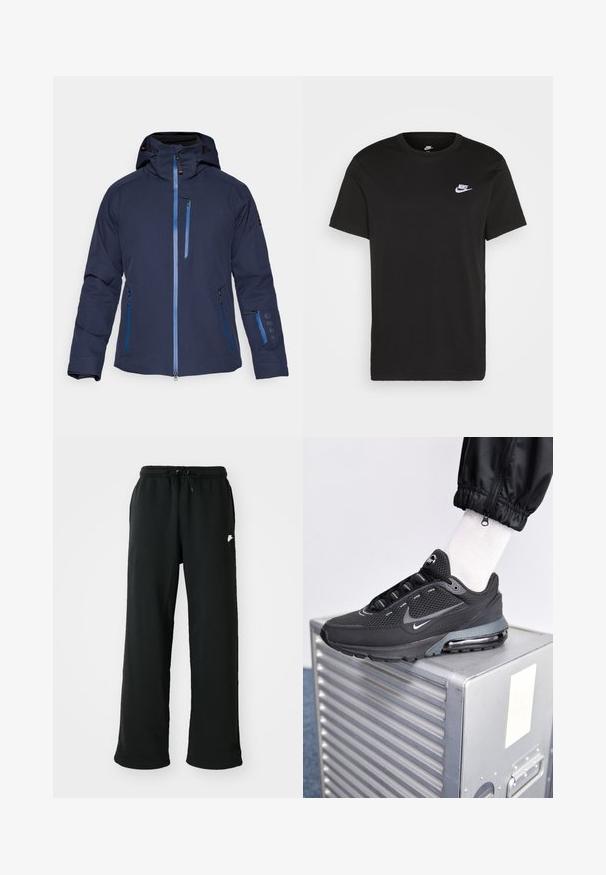 Voděodolná bunda tmavě modré barvy s kapucí, kapsami na zip a modrými akcenty. Má štíhlý střih a nastavitelná manžety pro bezpečné zapínání.; Černé bavlněné tričko s krátkými rukávy, kulatým výstřihem a malým bílým logem Nike na levé horní části hrudi. Hladká textura. Klasický střih.; Černé tepláky vyrobené z měkkého materiálu, s elastickým pasem a nastavitelnou šňůrkou a malým logem na boku.; Nike Sportswear PULSE - Tenisky - black/anthracite