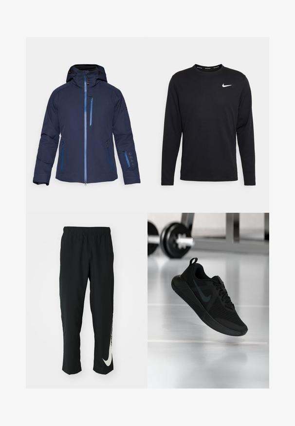 Ūdensnecaurlaidīga tumši zila jūras flotes krāsas jaka ar kapuci, kabatām ar rāvējslēdzējiem un zilām detaļām. Raksturo gluds piegriezums un regulējami aproces, lai nodrošinātu drošu aizvēršanu.; Melnas Nike krekls ar garām piedurknēm, izgatavots no gludas auduma, ar baltu Nike logo kreisajā krūtī un apaļu kakla izgriezumu.; Melni sporta bikses ar elastīgu jostasvīru, ar sašaurinātu dizainu, kurām uz kreisā kājas gabala ir liels balts Nike logo. Mīksts, viegls audums.; Melnas sporta kurpes ar teksturētu acs augšdaļu, gumijas zolīti un izteiktu tumšu Swoosh logotipu. Aprīkotas ar polsterētu apkakli un šņorējamu dizainu.
