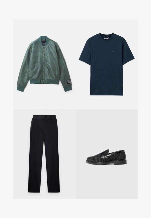Roheline bomber-jakk tekstuuriga kangast, millel on ees lukk, ribitud krae ja küljekotid. Vasakul varrukal on lukuga tasku.; Tumesinine puuvillane T-särk, ümar kaeluses, lühikeste varrukatega ning rinnaesine on vaikselt logoga. Sile tekstuur ja klassikaline lõige.; Mustad püksid, millel on kerge, tekstuuriga kangas, sirge jala disain, elastne vöökoht ja küljetaskud sipsiga.; Must musta kootud slip-on king, millel on pehme nahast accent ülaserval, ümmargune varvas ja madal profiiliga kummitald.