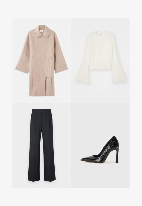 Beige kabát z vlněné směsi s vysokým límcem, předním zipem, bočními kapsami a širokými rukávy; hladká textura a minimalistický design.; Hladký krémový polo tričko s dlouhými rozevlátými rukávy a páskou s pěti knoflíky. Obsahuje límeček s jemnou texturou.; Tmavě modré kalhoty s pruhy, vysokým pasem, širokým nohavicemi a bez viditelného kování nebo ozdob. Hladká textura a přesně padnoucí střih.; Černý lodičkový bot s špičatou špičkou, pokrytý texturou krokodýlí kůže, s elegantním designem, vysokým stiletto podpatkem a hladkým černým interiérem.