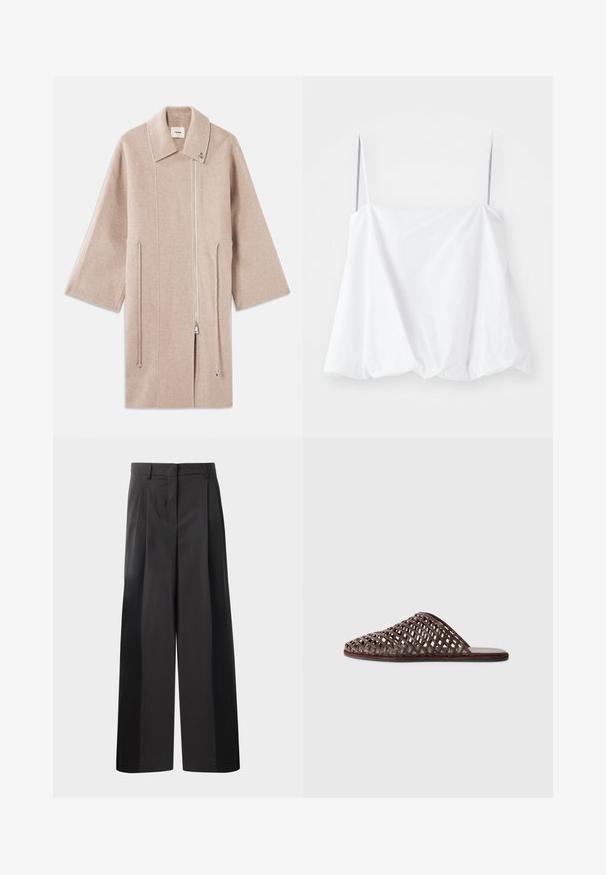 Bēša vilnas maisījuma mētelis ar augstu apkakli, priekšējo rāvējslēdzēju, sānu kabatām un platām piedurknēm; gluda tekstūra un minimālistisks dizains.; Balta bezpiedurkņu blūze ar plānām siksnām, izgatavota no viegla auduma. Iekļauj brīvu piegriezumu un savilkta tekstūra apakšmalā.; Melni platajā kājās bikses ar augsto jostasvietu, kas ar priekšējiem krokām, gludu tekstūru un pielāgotu apdari. Veidotas relaksētai piegrieztei.; Brūni austs slaidu sandales ar noapaļotu pirkstu, atvērtu dizainu, plakanu zoli un teksturētu virsmu. Viegls materiāls un minimālistiska siluets.