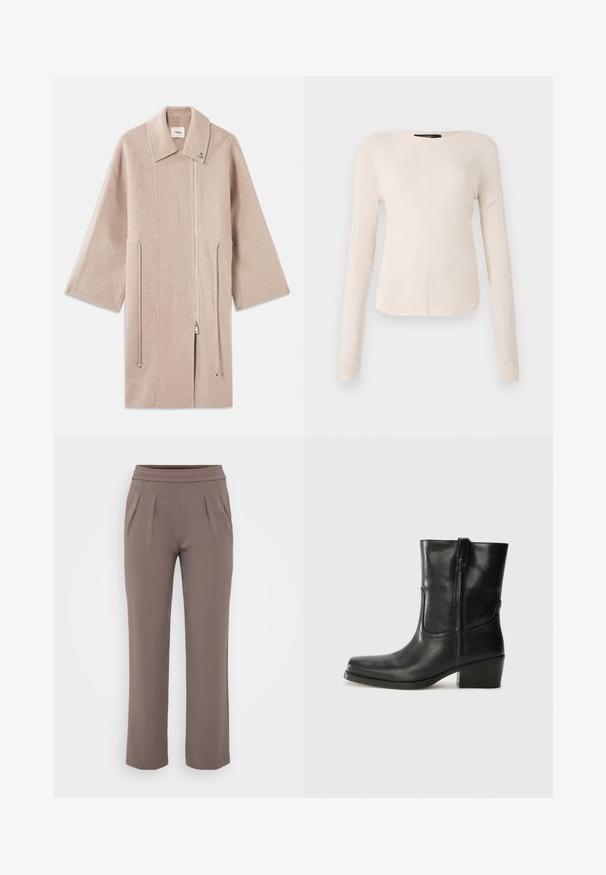 Bežinis vilnos mišinio paltas su aukštu apykaklės, priekiniais užtrauktukais, šoninėmis kišenėmis ir plačiomis rankovėmis; glotni tekstūra ir minimalizmo dizainas.; Ilgesnių rankovių, šviesiai bežinis viršus su apvaliu iškirpimu. Pagamintas iš minkštos medžiagos, turi centrinę siūlę ir šiek tiek kreivą apatinių kraštų liniją. Matomų detalių nėra.; Smėlinės laisvo kirpimo kelnės su elastinga juosmens juostele ir priekine klostele, pagamintos iš lygaus audinio.; Juodi odiniai aulinukai iki kulkšnies su apvali nosimi, blokuotais kulnais, šonine užtrauktuku ir siuvimo akcentais ant viršutinės dalies. Lygi tekstūra, klasikinis dizainas.