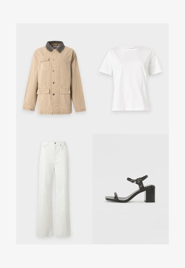 Beige lightweight jacket in cotton with a corduroy collar. Features front button closure, two side pockets, and one chest pocket.; White cotton t-shirt with short sleeves, round neckline, and a relaxed fit. Smooth texture, no patterns or accents, minimalistic design.; Samsøe Samsøe SHELLY - Relaxed fit jeans - clear cream; Black leather block-heeled sandal with a wide strap across the toe and an adjustable ankle strap, featuring a sleek, minimalist design.