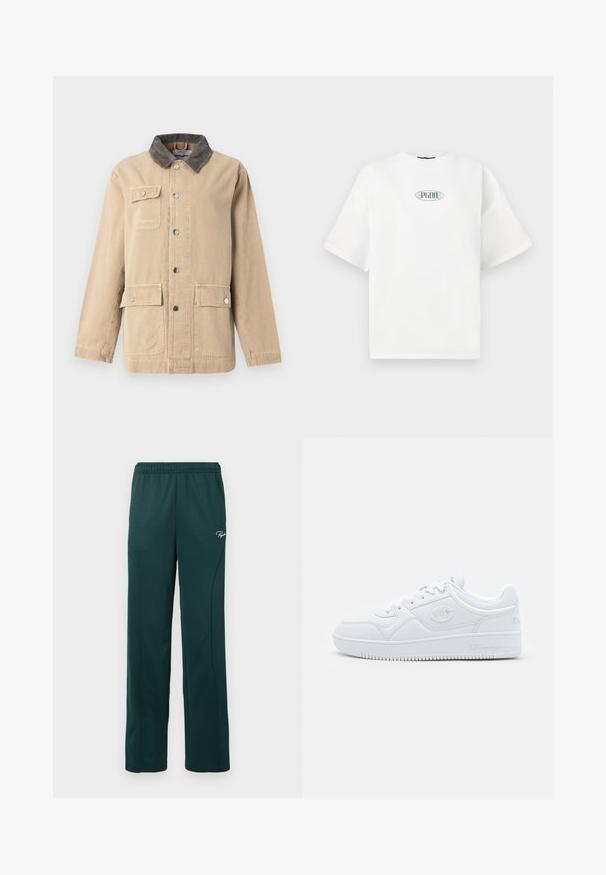 Beige lichtgewicht jack van katoen met een corduroy kraag. Voorzien van een knoopsluiting aan de voorkant, twee zijzakken en één borstzak.; Witte T-shirt met korte mouwen van katoen, met een grafisch logo in het groen binnen een ovale vorm in het midden van de borst.; Donkergroene sweatpants van zacht materiaal, met een elastische tailleband en zijnaadseams, en een klein logo op de voorkant.; Witte sneaker van glad synthetisch materiaal, met ronde neus, platte zool en subtiele logo-accenten aan de zijkanten. Klassiek laag ontwerp.