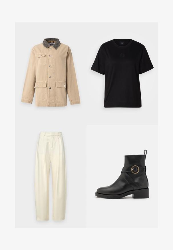 Beige letvægtsjakke i bomuld med en corduroy krave. Har frontknaplukning, to sidelommer og en brystlomme.; Sort bomulds t-shirt med rund halsudskæring, korte ærmer og et broderet logo på brystet. Enkel, afslappet pasform uden mønstre.; Plisserede, højlivede bukser i let cremefarvet stof. Har en lige pasform og en glat tekstur. Ingen lommer eller synligt hardware.; BOSS IRYNA BOOTIE - Plateaustøvletter - black