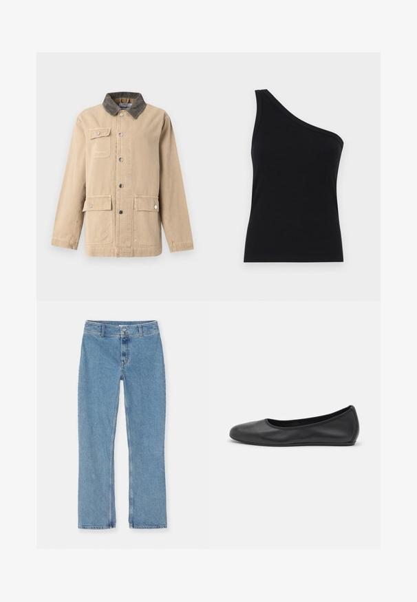 Beež kerge puuvillane jakk, millel on kootud krae. Omab esist klõpsuga sulgemist, kahte külgmist taskut ja ühte rinna taskut.; Ühe õla must ribakanga tank top, millel on vormikujundus ja pehme tekstuur. Omab puhtat, minimalistlikku lõiget ja sujuvat kaelust.; Heledad hall sinise sirge jala teksapüksid, nööbi ja luku sulgemisega, vöörihmadega ja standardõmblustega valgel taustal.; Musthave mustika tantsutossud mustast nahast, ümmarguse varbaga, siledast tekstuurist, minimaalse õmblusdetailiga ja paindliku tallakujundusega.