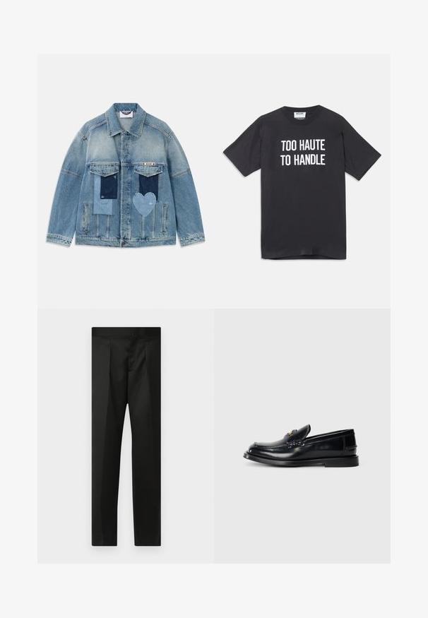 Light blue denim jacket with patchwork designs, including rectangular and heart-shaped patches, front flap pockets, and a button closure.; Black cotton t-shirt with short sleeves and round neckline, featuring white text that reads "TOO HAUTE TO HANDLE" on the front.; Black trousers featuring a smooth fabric, tailored design, straight legs, and a flat waistband with no visible closures or pockets.; Black leather loafer featuring a stitched design, a small front flap, and a flat rubber sole. Smooth texture with gold-tone hardware accent.